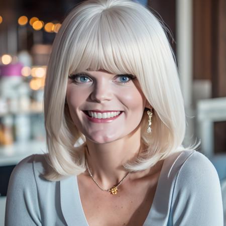 Carol Wayne, bleach blonde hair, green eyes, large breasts, smile, grin, earrings, open mouth, parted lips, teeth 