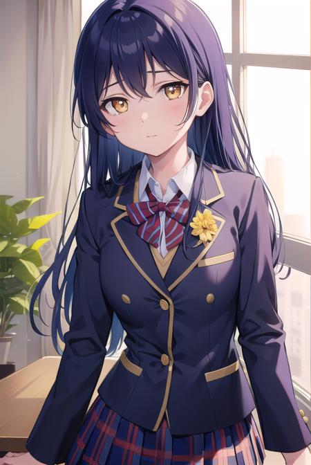 umisonoda, <lora:umisonoda-lora-nochekaiser:1>, 
umi sonoda, long hair, blue hair, (yellow eyes:1.5) (flat chest:1.2),
BREAK blazer, blue skirt, jacket, otonokizaka school uniform, pleated skirt, school uniform, winter uniform,
BREAK looking at viewer,
BREAK indoors, classroom, 
BREAK <lyco:GoodHands-beta2:1>, (masterpiece:1.2), best quality, high resolution, unity 8k wallpaper, (illustration:0.8), (beautiful detailed eyes:1.6), extremely detailed face, perfect lighting, extremely detailed CG, (perfect hands, perfect anatomy),