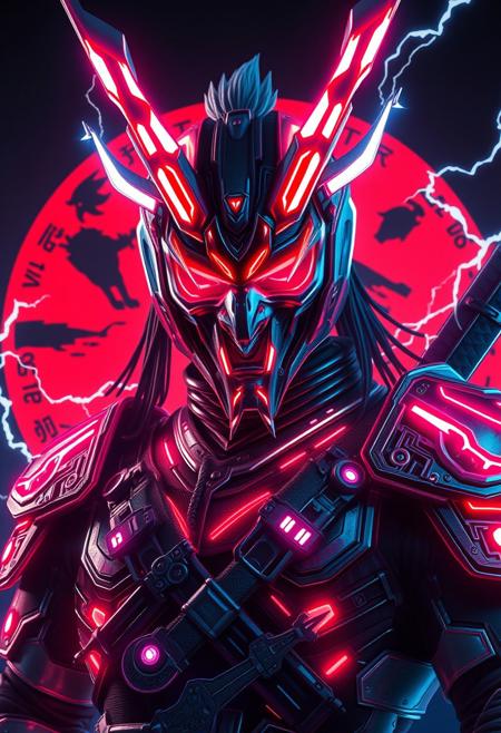 (Realistic:1.9), (cyberpunk.1.5), masterpiece, best quality, volumetric lighting, neon colors, dark background, 1man, male, closeup, Raijin with an oni mask, god of thunder, god of lighting, god of lightning, thunder, and storms, cyber tron neon Raijin armor, full armor, Covered face, covered eyes, standing in front of a tomoe, tomoe background, cyber horns, ninja pose, kunai, blades, flying raijin, so fast leaving mirages, katana, (Full body shot:1.5)