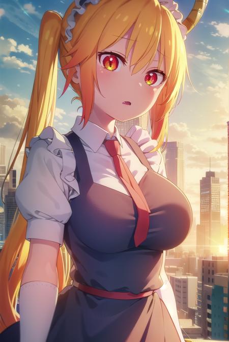 dragontohru, <lora:dragon tohru s2-lora-nochekaiser:1>, 
tohru, tohru \(maidragon\), long hair, bangs, blonde hair, hair between eyes, twintails, very long hair, multicolored hair, horns, fang, gradient hair, dragon horns, (red eyes:1.3), (slit pupils:1.5),
BREAK gloves, dress, tail, short sleeves, necktie, white gloves, maid, maid headdress, dragon girl, dragon tail, scales, large tail,
BREAK outdoors, sun, sky, clouds, city,
BREAK looking at viewer, (cowboy shot:1.5),
BREAK <lyco:GoodHands-beta2:1>, (masterpiece:1.2), best quality, high resolution, unity 8k wallpaper, (illustration:0.8), (beautiful detailed eyes:1.6), extremely detailed face, perfect lighting, extremely detailed CG, (perfect hands, perfect anatomy),