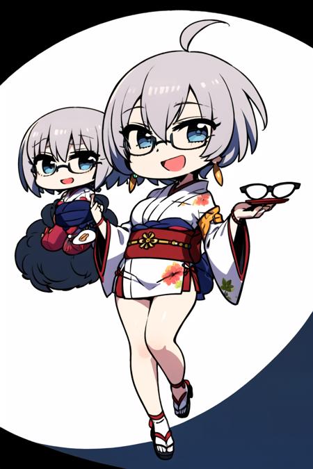 <lora:chanco:1>, solo, 1girl, glasses, blue eyes, smile, open mouth, short hair, sandals, looking at viewer, full body, japanese clothes, sash, white background, earrings, jewelry, simple background, :d, grey hair, wide sleeves