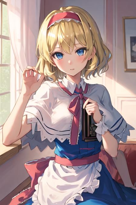 best quality, masterpiece, highres, solo, {alice_margatroid_touhou:1.15}, blonde_hair, short_hair, hairband, blue_eyes, capelet