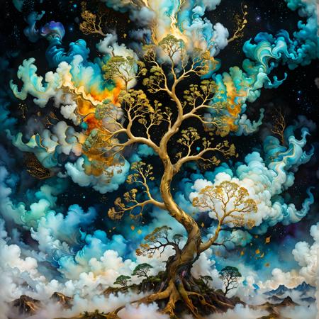 magical tree made out of clouds imaging a dream of the fragility of freedom influencing a mysterious strange atmosphere in front of a breaking cosmic nebula,alcohol ink paint by Agnes Ceceile, Marc Simonetti, Alberto Seveso, Jeremy Geddes, Gediminas Pranckeviciu, Igor Ozhinga, homas Kinkade, Jean Baptiste Mongue, James Christensen, whimsical , cinematic lighting, highly detailed, sharp focus, iridescent kintsugi gold, perfect balanced style, intricately features, amazing depth, watercolor splash, triadic colors,  smooth,grim masterwork by head of prompt engineering<lora:add-detail-xl:3> <lora:xl_more_art-full_v1:1> <lora:wowifierXL:0.42>