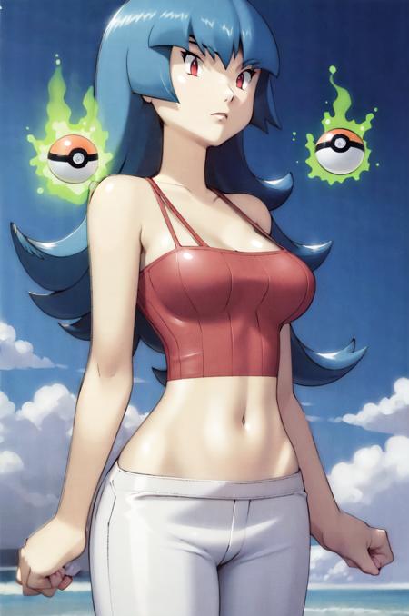 (masterpiece, best quality:1.2), 1girl, solo, sabrina, pokemon, flipped hair, aqua hair, red eyes, red tank top, spaghetti strap, midriff, crop top, white pants, bare shoulders, large breasts, telekinesis, camisole, floating objects, pokeballs, simple background <lora:SABRINA-15:0.9> <lora:kenSugimori1990sClassic_v12:0.8>