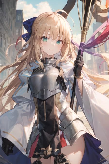 artoria caster (fate), artoria caster (third ascension) (fate), 1girl, armor, armored dress, blonde hair, blue bow, blue ribbon, bow, bracelet, breasts, closed mouth, dress, gold trim, green eyes, hair between eyes, hair bow, hair ornament, holding, jewelry, long hair, long sleeves, looking at viewer, multiple girls, red ribbon, ribbon, smile, solo, standing, upper body, very long hair, white dress, staff