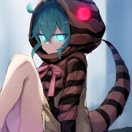 tsunsnek, 1girl, solo, hood, hoodie, snake tail, aqua hair, long sleeves, striped hoodie, striped tail, short hair, pink neck ribbon, bangs, hair between eyes, hood up, geta, blue hair, glowing, aqua eyes, bare legs, glowing eyes, blue eyes, crossed bangs, ahoge, detailed shading, detailed ambient light