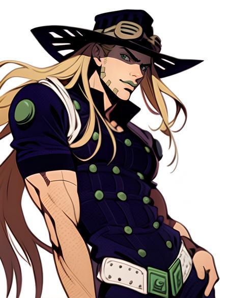 solo, araki hirohiko (style), blonde, half body, gyro zeppeli, brown hat, goggles,  belt, long hair,body, thin waist, male focus, 1boy, masterpiece, best quality, ultra-detailed detailed, detailed digital artwork, hi res, male focus, beard,  white background, <lora:gyro-000003:0.85>