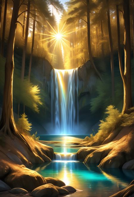 aesthetic, masterpiece, beautiful, elegant, award winning, absurdres, hdr, best quality, hyper detailed, (waterfall:1.5) iridescent, forest, (gold colour lake:1.3), lake, shiny, sparkle, symmetrical, glowing