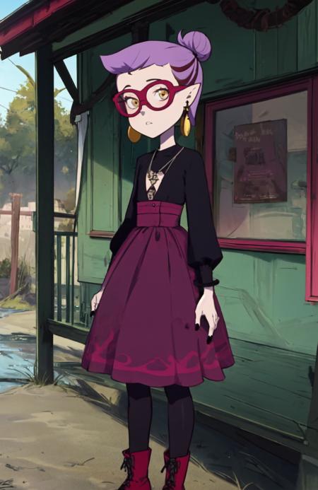 masterpiece, best quality, <lora:Amity_Blight SD1.5 V1.0:1> amity_blight, S2 hair, looking at viewer, short hair, flat chest, dress, jewelry, standing, yellow eyes, full body, purple hair, pantyhose, earrings, boots, red glasses, pointy ears, hair bun, nail polish, single hair bun, sunglasses, black nails, tinted eyewear,  outdoors,