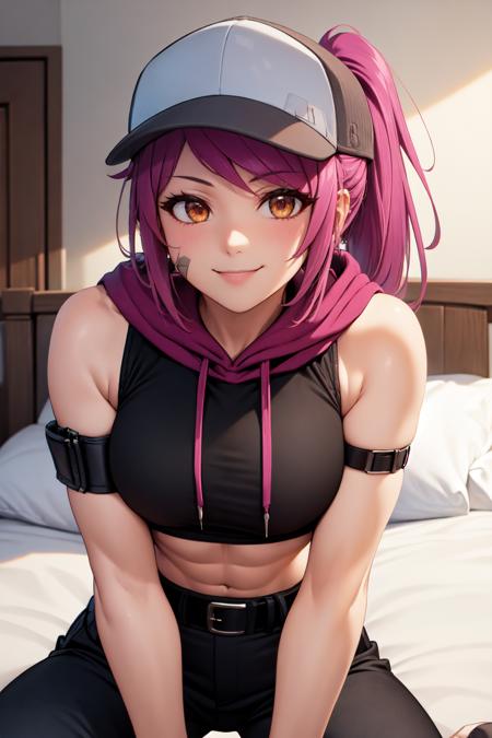 (masterpiece, best quality), indoors, bedroom, bed, upper body, 1girl, solo, LeahAirisubaka, ponytail, <lora:LeahAirisubaka_V1-Manityro-Dadapt:1>, toned, [[abs]], seductive smile, looking at viewer, [[baseball]] cap, all fours, hoodie, crop top, sleeveless, arm strap, crawling, black pants, belt