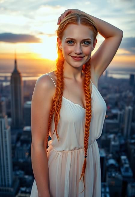 A 20 year old irish girl with ginger braided hair is standing on top of a skyscraper with the sun setting in the background. Her silhouette is contrasted against the skyline. She is wearing a white see-through gown. She has large enchanting green eyes. She has a cute freckled face and blushing cheeks. Her smile is warm and welcoming. She has one arm raised, the other is resting on her hip. The photograph is taken with an analog machine, producing film grain effects. Photorealistic, HDR,