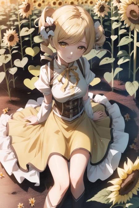 1girl, from_above, solo, Mami Tomoe, sunflowers, (detailed reflective anime style eyes), golden hour, reflections, detailed textures, sitting in a \(field of sunflowers outdoors\), posing, casual pose, garden, aesthetic, intricate, caustics, light rays, sunlight, sparkle, shimmer, glitter, sharp focus, <lora:MamiTomoe:1>