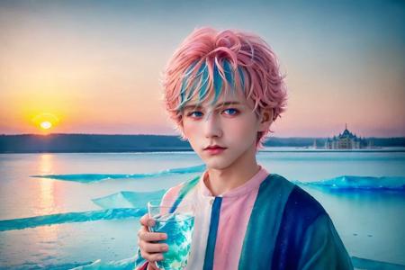 <lora:handsome:0.7> solo, blue eyes, short hair, looking at viewer, upper body, 1boy, pink hair,cup, sunset, beautiful detailed glow,detailed ice,beautiful detailed water,(floating palaces:1.2),multicolored hair, blue hair,beautiful detailed glow, (detailed ice), beautiful detailed water,