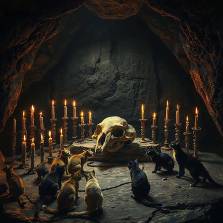 a dark cave, inside is a prehistoric altar for cat worship. Many woven burning candles of crude form stand on the altar. A fossilized huge skull of a cat stands in the center of the altar. Around the altar walk cats, cats walk through the fossil. Cats pray and bow before the altar