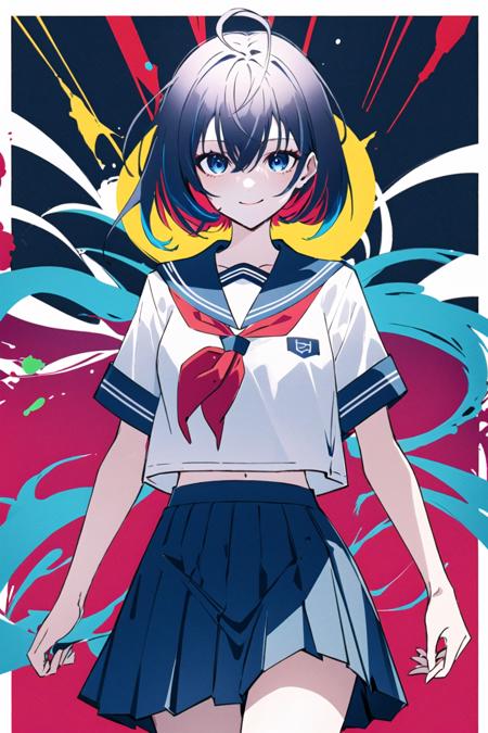 multicolored, red_background, rising_sun, 1girl, torii, sunburst, red_sky, skirt, blood_splatter, blue_eyes, solo, blue_skirt, looking_at_viewer, splatter, school_uniform, short_sleeves, colorful, sailor_collar, white_shirt, serafuku, red_neckerchief, blue_sailor_collar, pleated_skirt, waves, cowboy_shot, neckerchief, smile, black_hair, abstract, closed_mouth, shirt, sunburst_background, hair_between_eyes, blood, medium_hair, paint_splatter, standing, surreal, short_hair, red_bow, multicolored_background, red_border, floating_hair, bow, egasumi, bangs <lora:style_YoneyamaMaiSTDX0:1>