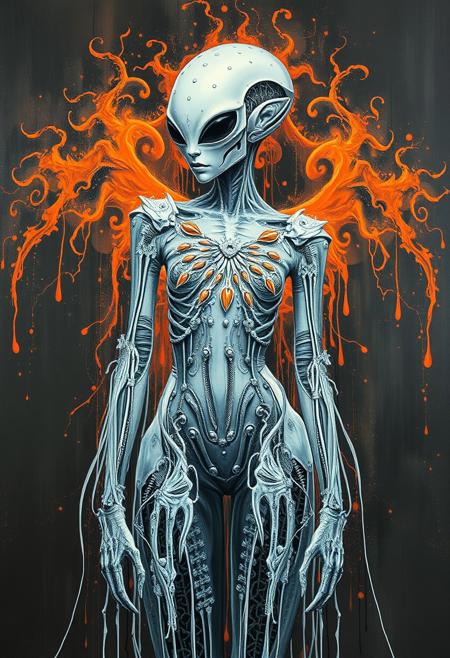 Ethereal minimalist Alien race cybergoth fashion photography painting, in the style of fluorecent orange, pearl_white black and silver, heavy use of palette knives, full body wide shot painting of teachment, intricate, sharp_focus, concept_art