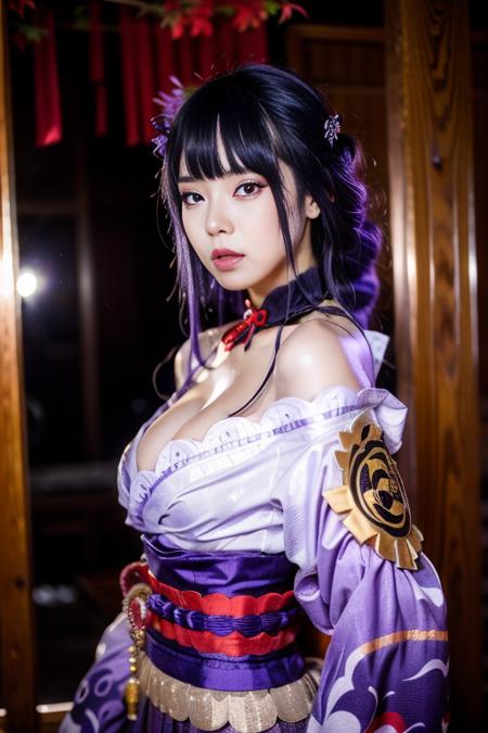 A photo of a beautiful Korean idol, RaidenShogun, detailed clothes, white clothes, blunt bangs, braid, medium breasts, cleavage, wide-sleeved kimono, (hair ornament:1.3), white japanese clothes, (red obi:1.4), (purple hair:1.4), very long hair, straight hair, detailed face, cool face, (smooth chin:0.85), closed mouth, long eyelashes, sharp eyes, looking at viewer, beautiful eyes, detailed eyes, thick eyebrows, red eyeshadow, symmetry eyes, skirt, photon mapping, physically-based rendering, highly detailed background, (photo realistic:1.35), high res, best quality, perspective,  from side, <lora:RaidenShogun-hands:0.75>