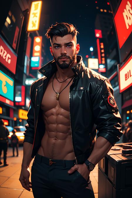 highres, masterpiece, perfect lighting, bloom, cinematic lighting, adult, male, 1boy, looking at viewer, muscular, beard, cyberpunk, (blurry, bokeh, fisheye lens), night, looking at viewer, contrast, contrapposto, neon oversized jacket,