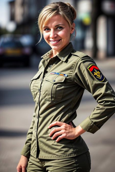 photo of a beautiful German army girl wearing a uniform, city street, messy medium hair, slim body, medium upper body shot, looking at the camera, cute smile, professional photography , high resolution