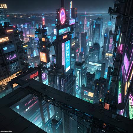 hires,high resolution, intricate, (detailed background), masterpiece, best quality, landscape, scenery, <lora:Grand Scale:1>  grandscale,  cyberpunk city, neon lights, advertisements,  night,  dark, middle of night,  <lora:LowRA:0.3> dark theme, from above