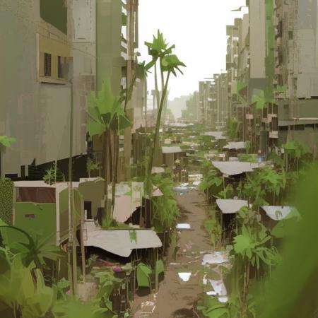 <lora:unfinishedgrace-v2:1> brushfulabstraction style, vegetation, overgrowth, street, poverty, urban