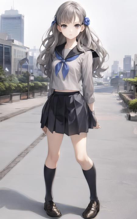 masterpiece, best quality,fuyusaka iori 1, 1girl, solo, hair flower, school uniform, hair ornament, flower, skirt, long hair, socks, serafuku, shoes, kneehighs, full body, loafers, pleated skirt, black socks, black skirt, grey hair, white flower, standing, grey eyes, outline, arm behind back, long sleeves, looking at viewer, highly detailed city background