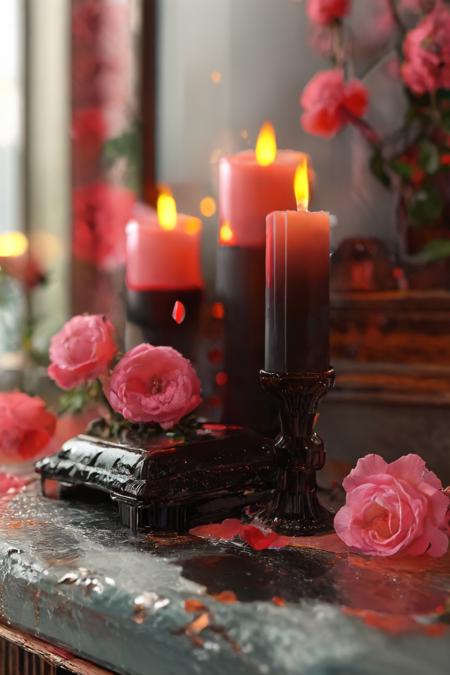 <(A fluffy silky octane render in the style of Timothy Thirst; It depicts a room filled with black candles and pink roses, the candles all melted halfway with the pink roses radiating a soft glow from within, creating an ethereal and dreamlike atmosphere):1.0>,
<(The colors and textures are rich and deep, perfect for any high-end art poster or print):0.9>
 <lora:add-detail-xl:1>,
 <lora:MJ52:1>