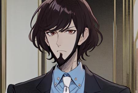 <lora:Jigen1:0.85>, 1boy, Jigen Daisuke, beard, black hair, white necktie, blue shirt, black jacket, portrait