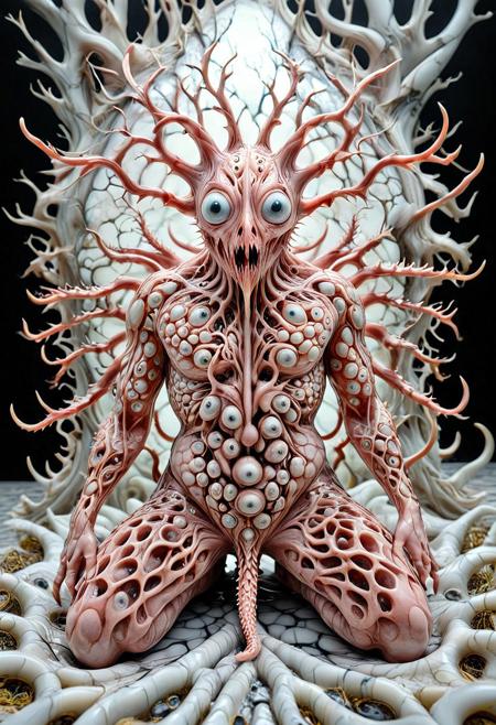 Nest Beneath the Skin: Fear of Invasion,
figure kneeling in a field of marbled soil, skin stretched and pocked with symmetrical holes, each cavity holding writhing tendrils and blinking eyes, distant sound of whispering voices growing louder underfoot, liquid marble aesthetic, best_quality, masterpiece, absurdres, highres, subject_focus, depth_of_field, very_detailed, extremely_detailed, ultra_detailed, sharp_focus, intricate detail, trypophobia visual, extra eyes, horror (theme), parasite symbolism,
mobe-cedeen