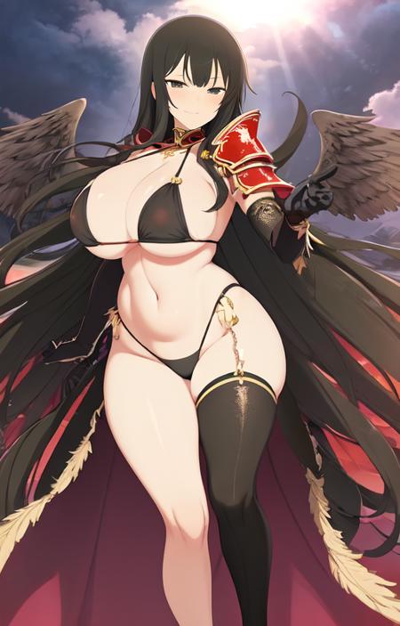 masterpiece, best quality, best aesthetic, anime,
kagura (senran kagura), [1girl:(large breasts, wide hips, long hair:1.5):1.0], solo, looking at viewer, smile, thighhighs, gloves, navel, cleavage, hair between eyes, closed mouth, swimsuit, bikini, wings, black gloves, elbow gloves, shiny, black thighhighs, stomach, armor, black eyes, hand on hip, black bikini, chain, feathers, shoulder armor, feathered wings, spikes, black wings, pauldrons, bikini armor, <lyco:Kagura_senran_kagura-06:dyn=8:te=1:unet=0.7>