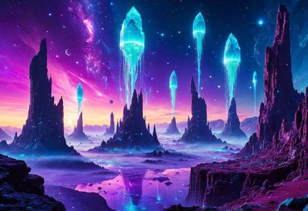 A breathtaking alien city floating in a vast nebula, with colossal bioluminescent towers pulsing with an eerie glow. The streets are made of shimmering liquid light, shifting colors as ethereal beings glide above them. Gigantic crystal formations hover in the air, refracting surreal hues of violet and cyan. Strange celestial flora with glowing tendrils twist around ancient, rune-covered monoliths. The sky is filled with swirling galaxies and twin moons casting an unearthly radiance over the city. The atmosphere is dreamlike, almost surreal, as the air hums with mystical energy. Ultra-detailed, cinematic lighting, 8K, masterpiece.