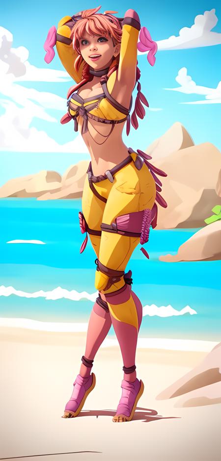 a female character stand on the beach, tropical island background, <lora:ApexLegends:1.0>