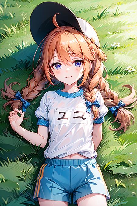 (masterpiece, best quality:1.5), <lyco:yuni-v1-000005:1.0>, yuni, long hair, blush, braid, twin braids, purple eyes, brown hair, bangs, hair between eyes, ahoge, petite, teen, yunigym, shirt, hat, white shirt, short sleeves, shorts, white headwear, gym uniform, blue shorts, smile, outdoors, blue eyes, looking at viewer, sleeping,