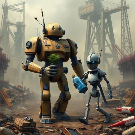 apocalyptic WORL, FULL OF TRASH, MECHANICAL PARTS EVERYWERE, GIANT CRANES BACKGROUND, SMOG, 2 ROBOTS, A BIG MUSCLE ROUNDED TANK ROBOT WITH LONG ARMS MILITARY BADGES AND SHORT LEGS HOLDING A LITTLE GREEN PLANT, A LITTLE THIN KNIGHT ROBOT WITH WHEELS HOLDING A BOTTLE WITH BLUE WATER, WALKING, HAPPY