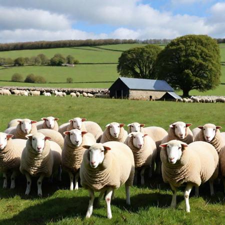 sheep on the sheep in a large field with the sheepfold in the background