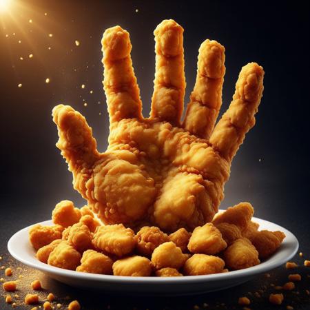 A deep-fried human hand, golden and crispy, emerging dramatically from a deep bowl filled with crunchy, perfectly cooked chicken nuggets. The hand appears lifelike yet surreal, coated in a thick layer of crispy batter, with small crumbs falling off as it reaches upward. The scene is captured in a hyper-realistic food photography style, with dramatic lighting emphasizing the rich golden hues and the contrast between the crispy textures and the soft, warm glow of the setting. Steam rises gently from the freshly fried food, adding depth to the composition. The background is blurred, focusing on the detailed textures of the hand and nuggets, creating a cinematic and surreal atmosphere. High-resolution, intricate textures, sharp details, and dramatic lighting.. Dfc
,
