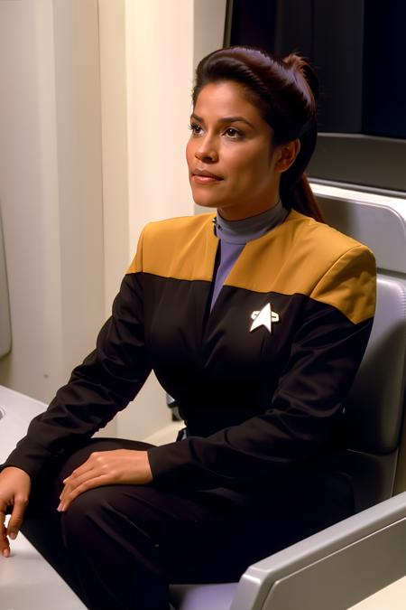 full body,latino woman with ponytail in black and yellow voyunf uniform , sitting on a chair,on starship<lora:VoyunfRefined:0.8>