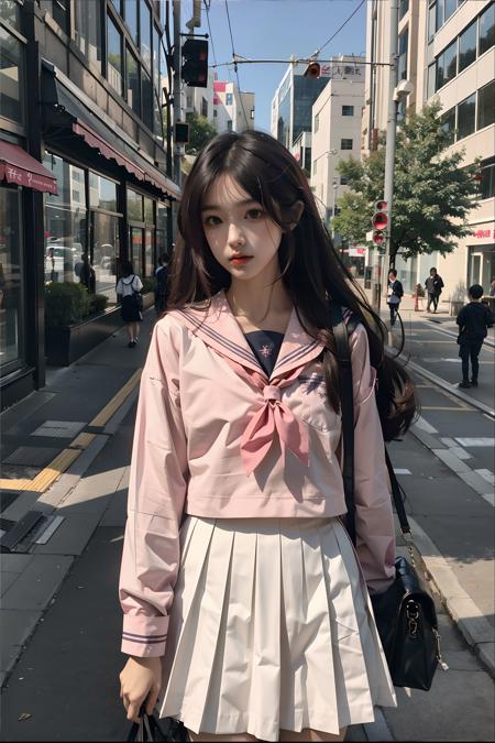 <lora:serafuku:0.6>, best quality, 1girl, long hair, (pink japanese school shirt), sailor collar, neckerchief, long sleeves, white skirt, ((upper body)), standing, outdoors, cityscape, streets, buildings,