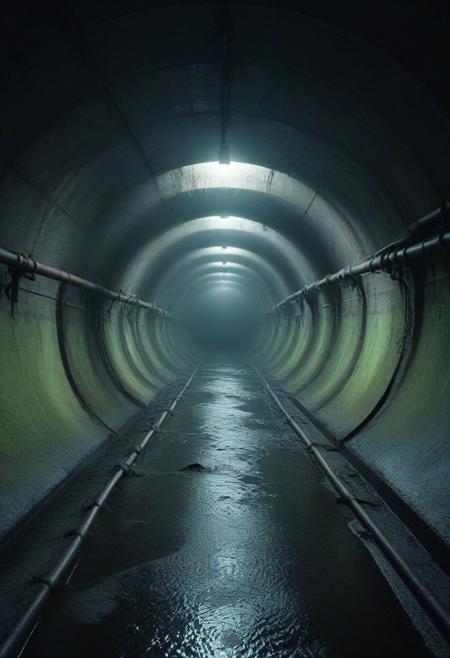 liminal space, eerie abandoned sewer tunnel, decaying infrastructure, vast underground labyrinth, flickering fluorescent lights, damp concrete walls, rusty pipes, shallow murky water on the floor, reflections on water, low-hanging fog, industrial decay, wet moldy textures, analog horror aesthetic, cinematic atmosphere, no people, surreal, dreamlike stillness, photorealistic, ultra-detailed, moody lighting, volumetric fog, 8k, high contrast, haunting environment