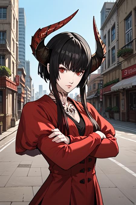 TKNEliza, 1girl, black hair, demon horns, tattoo, red eyes