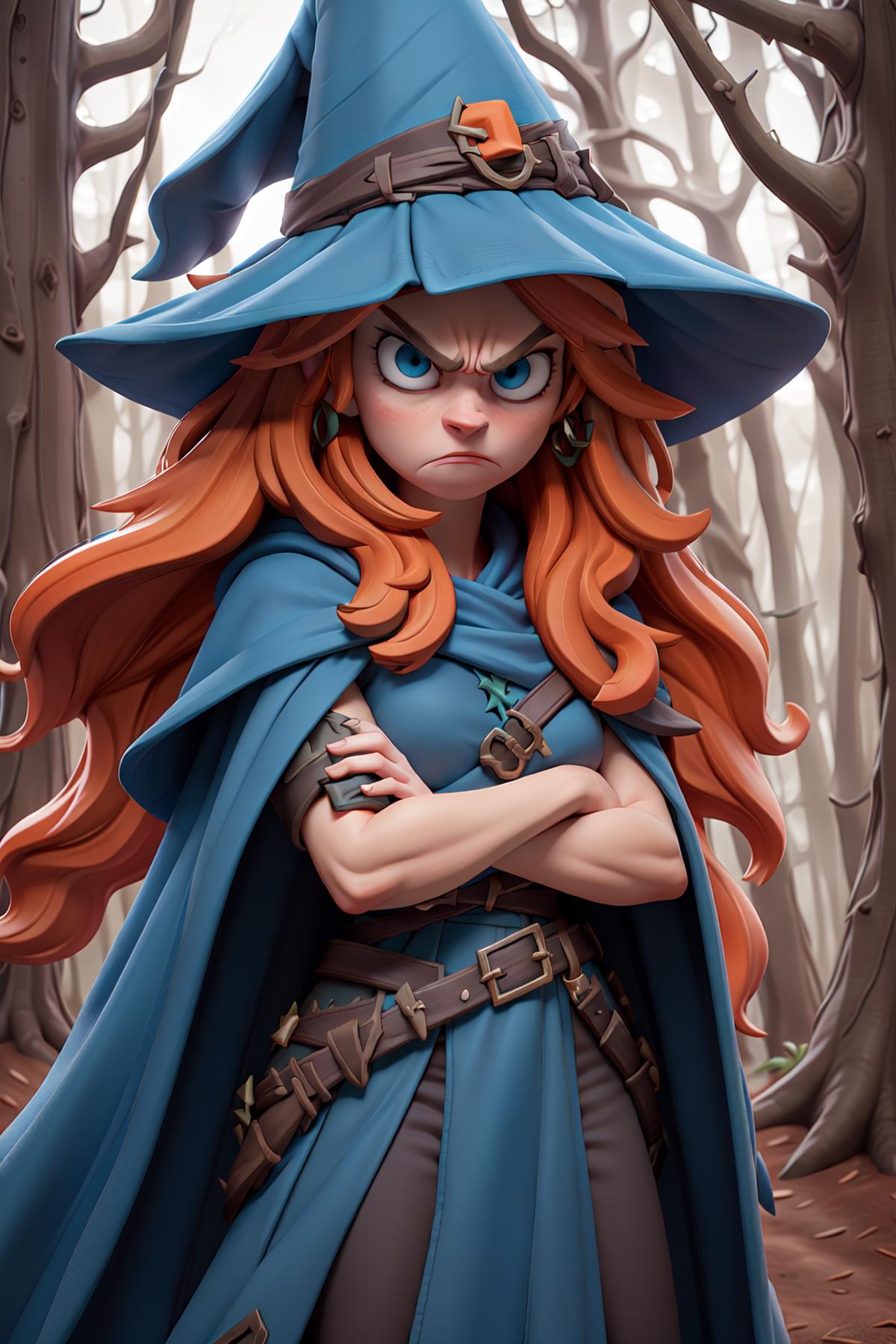 Angry Witch in Blue Robe and Wig, with a Frowning Expression