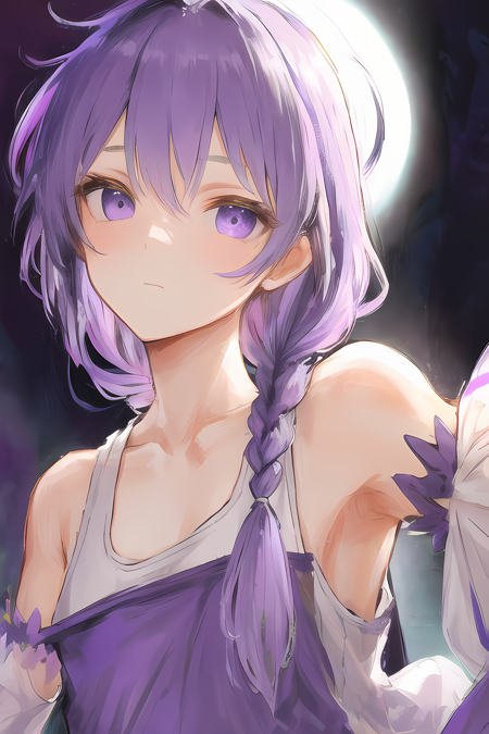 closeup, mature female, braided hair (purple), tank top, bare shoulders (((detached sleeves))), looking at viewer