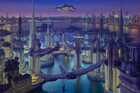 spaceship flying above a futuristic city and river, aerial view, lights <lora:jgurney:0.8>