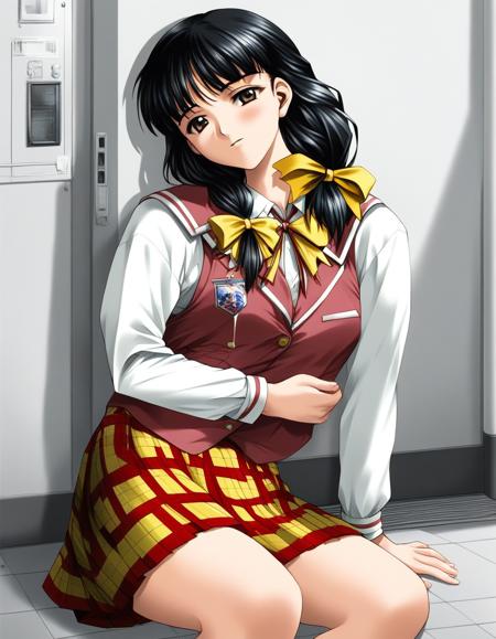 SakakiMiyuki, black hair, long hair, brown eyes, breasts, black eyes, hair ribbon, Yellow bow,