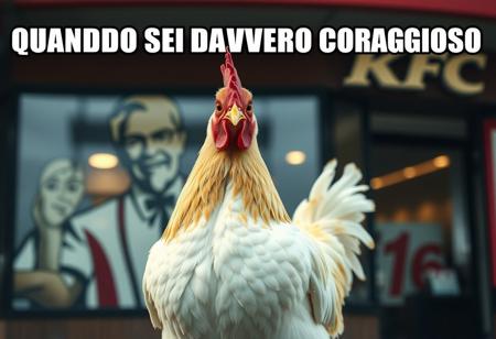 “A realistic, detailed chicken standing confidently in front of a KFC restaurant. The chicken has bright feathers, a sharp gaze, and a proud stance as if aware of its surroundings. The KFC logo is visible in the background, slightly blurred for depth. The scene is captured in a cinematic style with balanced lighting, slightly warm tones, and a shallow depth of field. Overlay bold white text with a black outline in meme style at the top: ‘QUANDO SEI DAVVERO CORAGGIOSO’.”