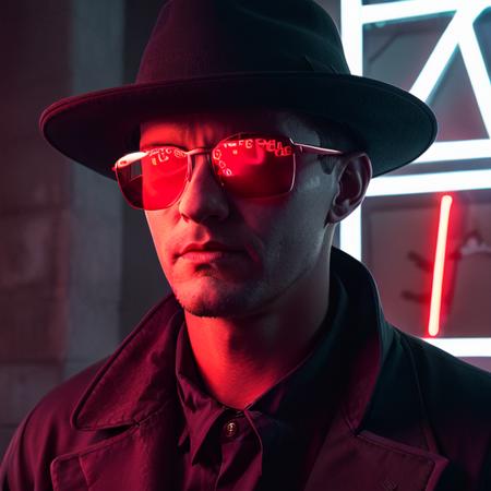 DSLR photo, a man wearing a trenchcoat and hat, glasses, (volumetric lighting:1.1), (New York Noir:1.18), (reflective sunglasses:1.1), <lora:NeonNoir-000002:0.65>, (red lighting:1.21), NeonNoir, hard shadow, masterpiece, best quality, Intricate, High Detail, 8k, modelshoot style, film grain, <lora:theovercomer8sContrastFix_sd15:0.3>