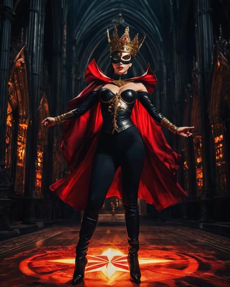 (character design, sci-fi warrior women, feminine power), An enigmatic figure of a satanic nun, her black seamless skintight, conducting a sensual satanic ritual inside a dark cathedral during night under a red eclipse, eyeless mask, elaborate crown, fully conceals her identity, adding to her mystique and allure, gold stiletto platform thigh boots, big breasts, narrow waist, flat abs, naughty, seducing, dancing towards viewer with her arms extending up, seductive wide hips, butt cheeks, twerk, in the style of a vintage, high-contrast, Emphasize theatrical elements with bursts of bright colors against dark, moody backgrounds, (best quality, realistic:1.4)