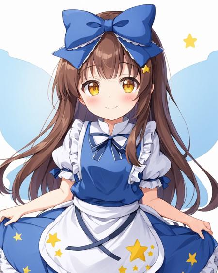 star sapphire,1girl, fairy_wings, white_background, solo, simple_background, fairy, blue_dress, star_\(symbol\), hair_bow, one-hour_drawing_challenge, smile, blue_bow, apron, puffy_short_sleeves, closed_mouth, ribbon, star_print, blush_stickers, looking_at_viewer
<lora:star_sapphire_image1386_2023-12-20-000012:1>,star-shaped_pupils,symbol-shaped_pupils,. gorgeous,key visual, vibrant, studio anime,award-winning, professional, highly detailed,high budget, cinemascope