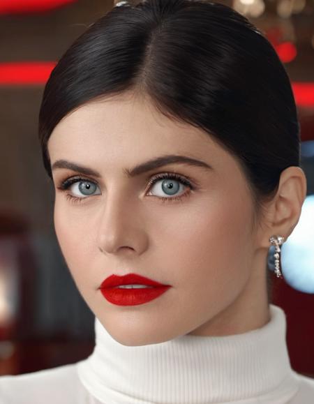 breathtaking (closeup:1.2), skswoman, elegant 1girl, solo, looking at viewer, black hair, shirt white turtleneck, jewelry, serious look, long hair,  background blurry bar, realistic, red lips, professional, 4k, highly detailed  <lora:Alexandra Daddario:0.8> . award-winning, professional, highly detailed