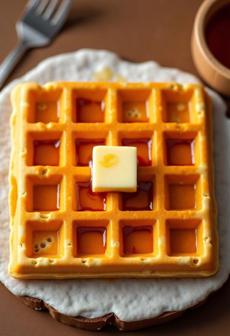 Square Waffle covered in butter and syrup, lying on the table top by themselves